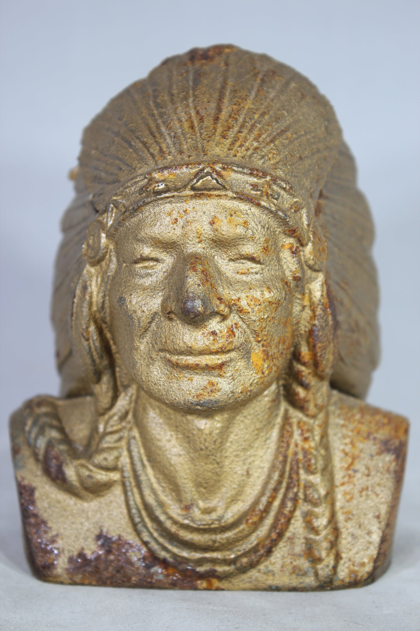 Gilt Cast Iron Native American Indian Chief Coin Bank, Indian Head National Bank