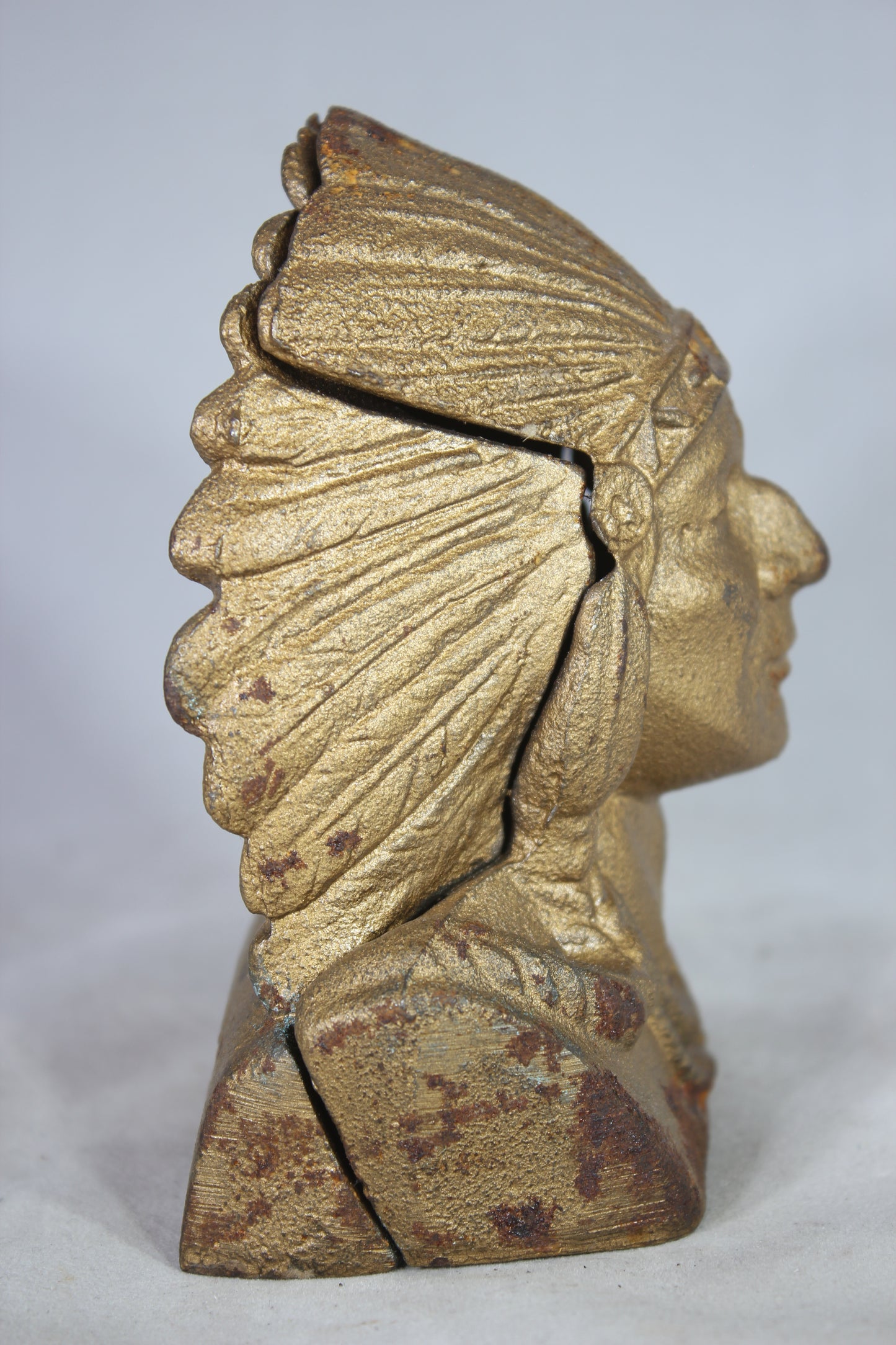 Gilt Cast Iron Native American Indian Chief Coin Bank, Indian Head National Bank
