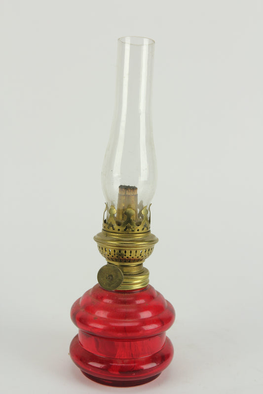 Ruby Red Glass Miniature Oil Kerosene Lamp with Chimney