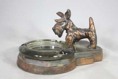 Brass Scottie Dog Ashtray Holder with Glass Ashtray