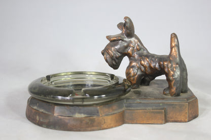 Brass Scottie Dog Ashtray Holder with Glass Ashtray