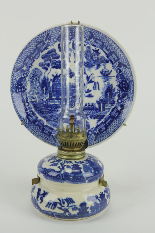 Blue and White Porcelain MIniature Oil Kerosene Lamp with Plate & Hanger, Japan