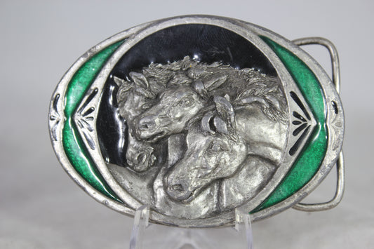 Pharoah's Horses Pewter and Enamel Belt Buckle by Bergamont Brass Works, 1983