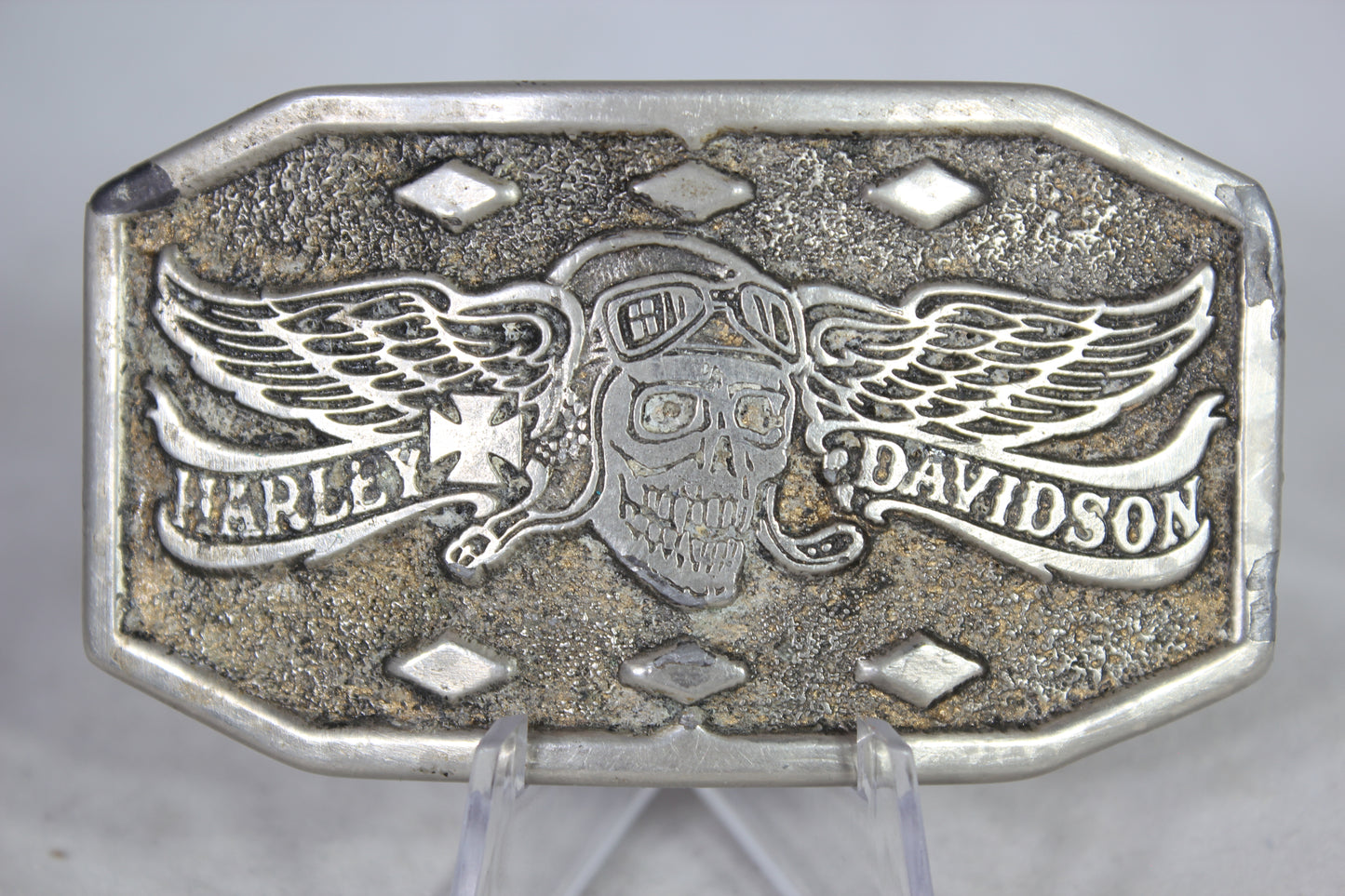 Harley Davidson Chromed Metal Flying Skull Belt Buckle, 1975