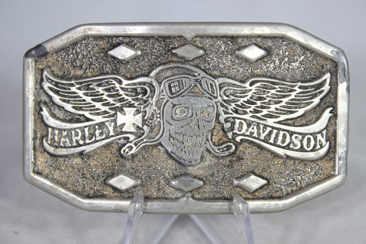 Harley Davidson Chromed Metal Flying Skull Belt Buckle, 1975