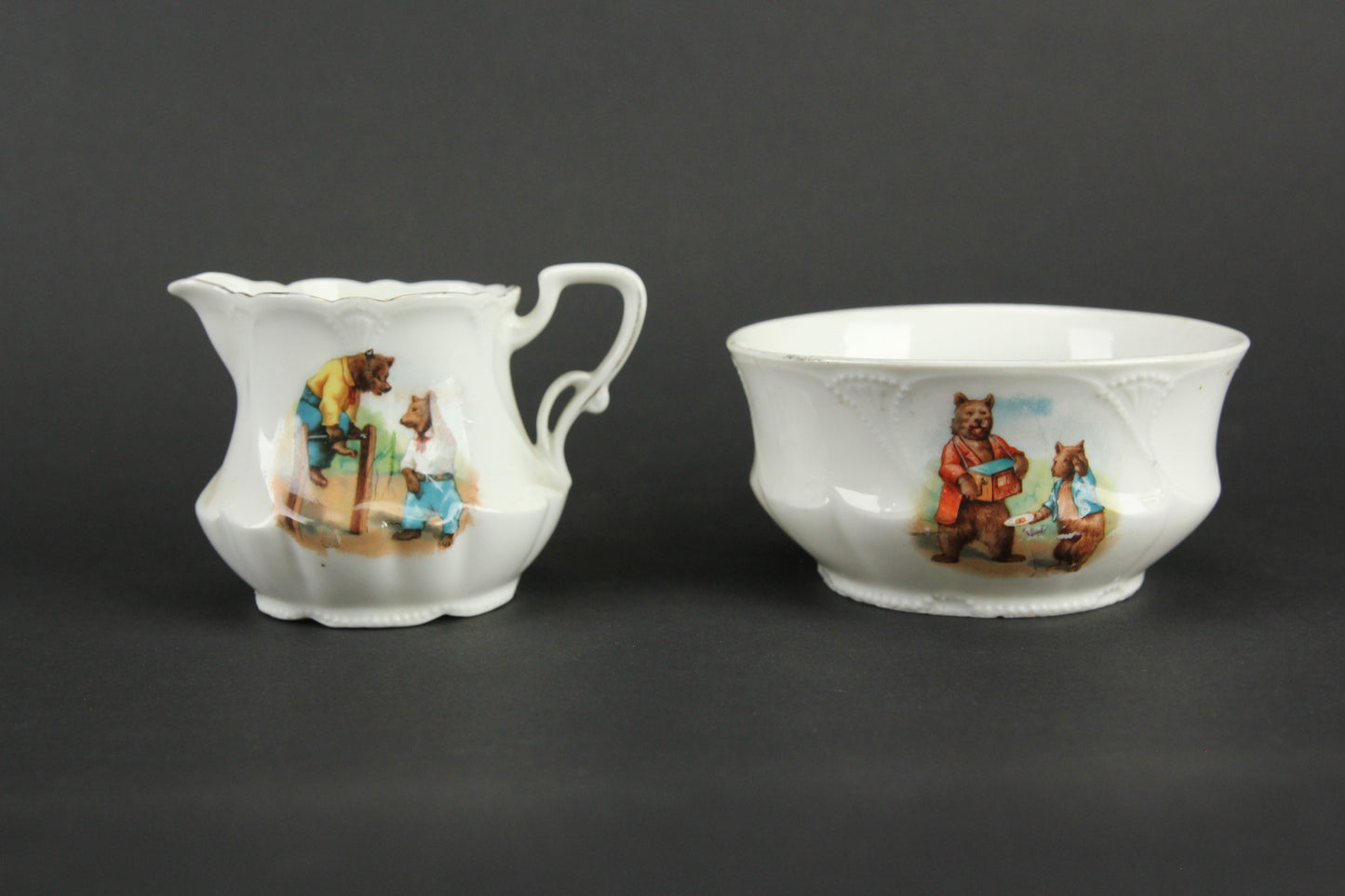 Porcelain Creamer and Sugar Bowl Set with Playful Bears Motif