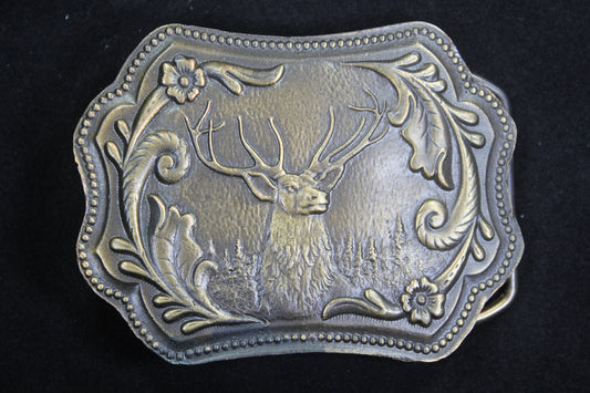 Proud Elk with Floral Pattern Solid Brass Belt Buckle