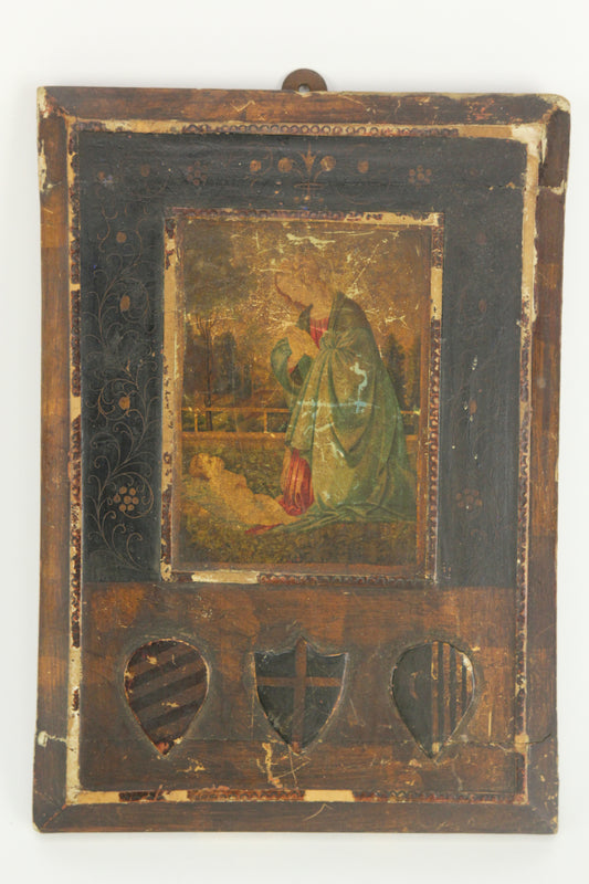 Antique Wood Panel Religious Icon Wall Hanger of Mother and Child - 7.5 x 10.5"