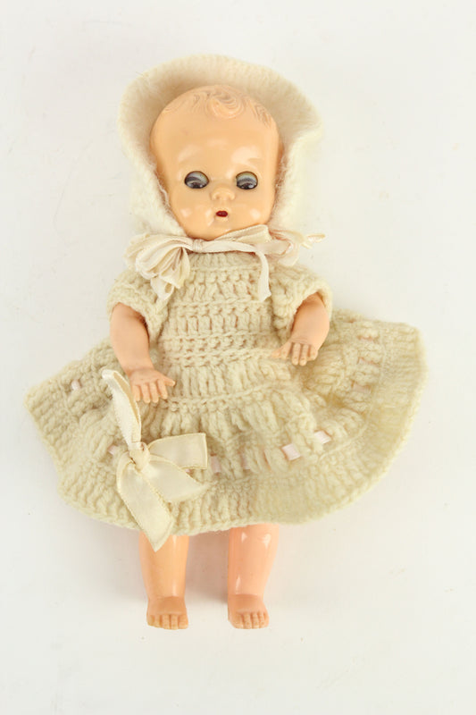 Plastic Baby Vintage Doll with Knit Dress and Hood, 7.5"