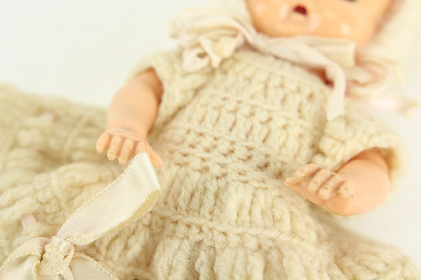Plastic Baby Vintage Doll with Knit Dress and Hood, 7.5"