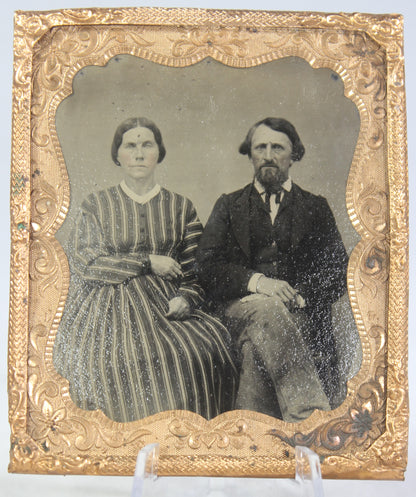 Framed Tintype Photograph of a Couple with a Woman in a Striped Dress