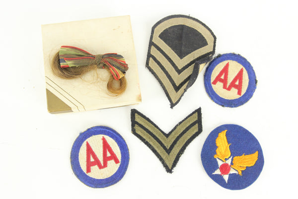 Six Piece World War II Patch Lot with a Lock of the Soldier's Sweetheart's Hair