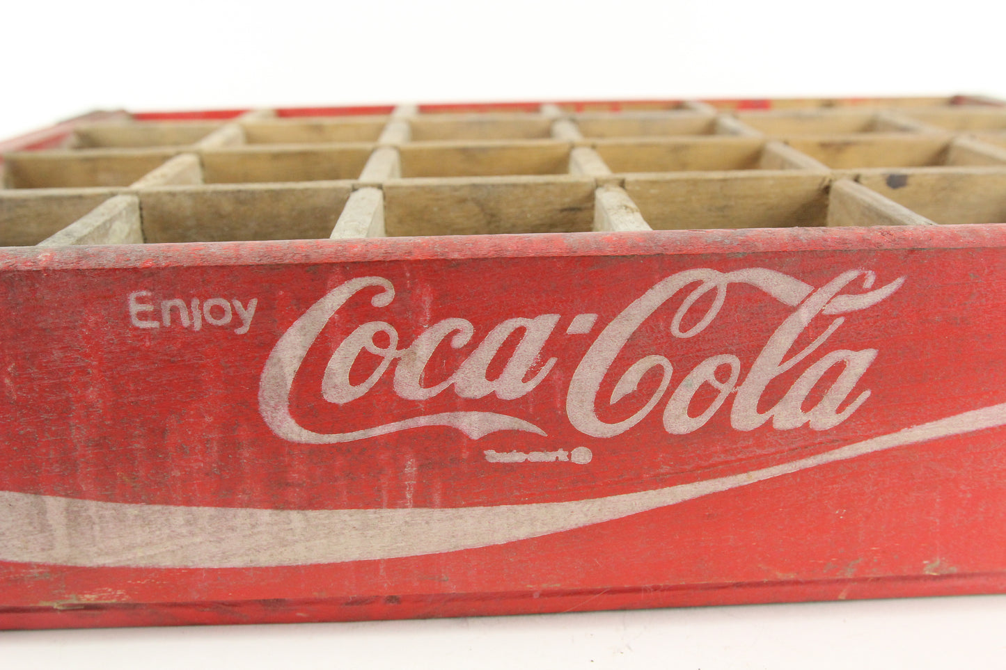 Enjoy Coca Cola 24 Bottle White Lettering on Red Vintage Wooden Crate