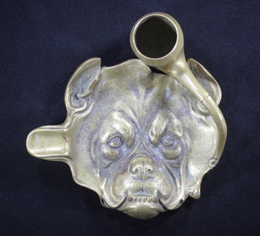 Solid Brass Bulldog Smoking a Pipe Cigar Rest Ashtray