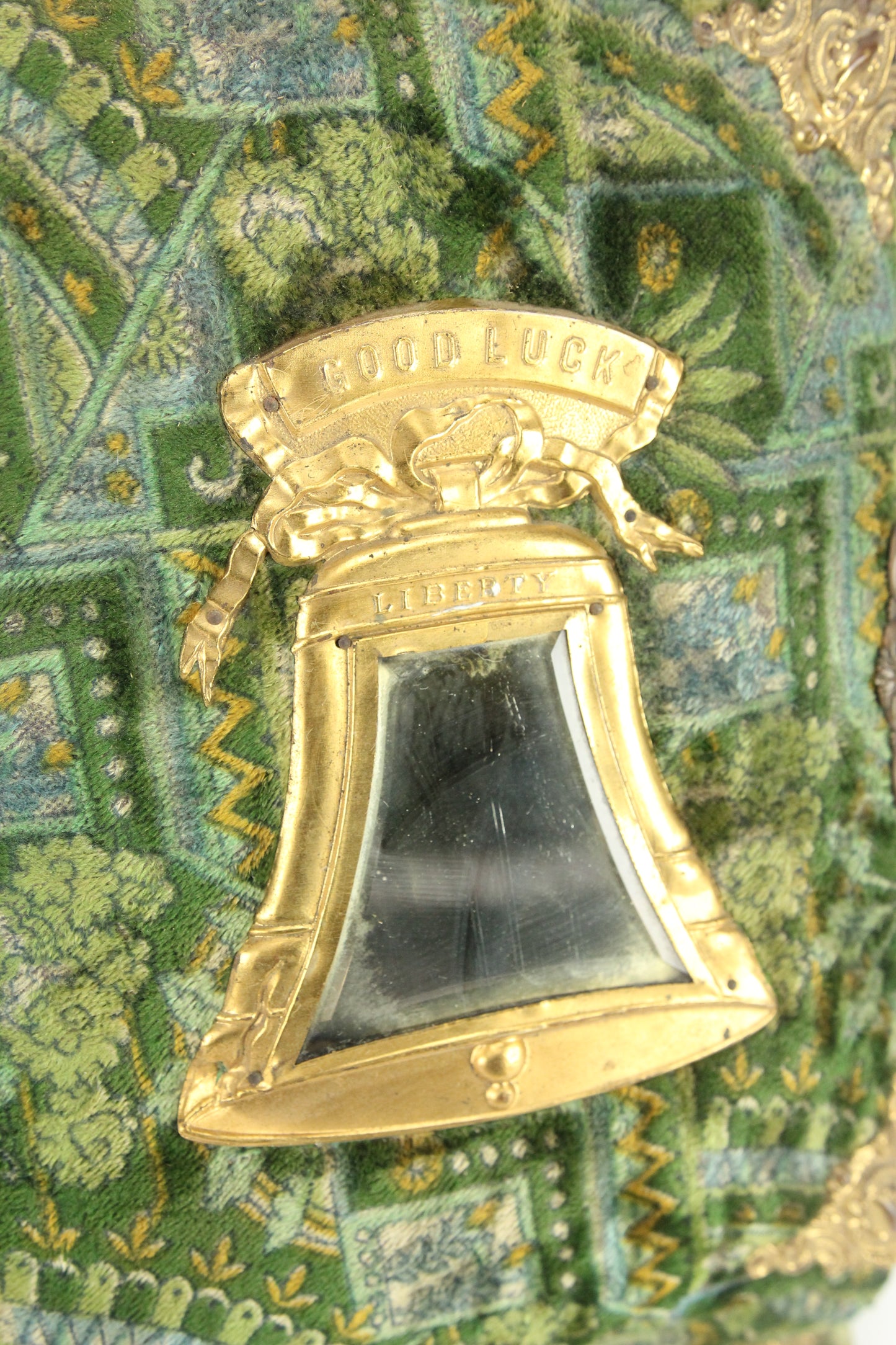 Victorian Liberty Bell Mirrored Green Fabric Covered Cabinet Card Photo Album