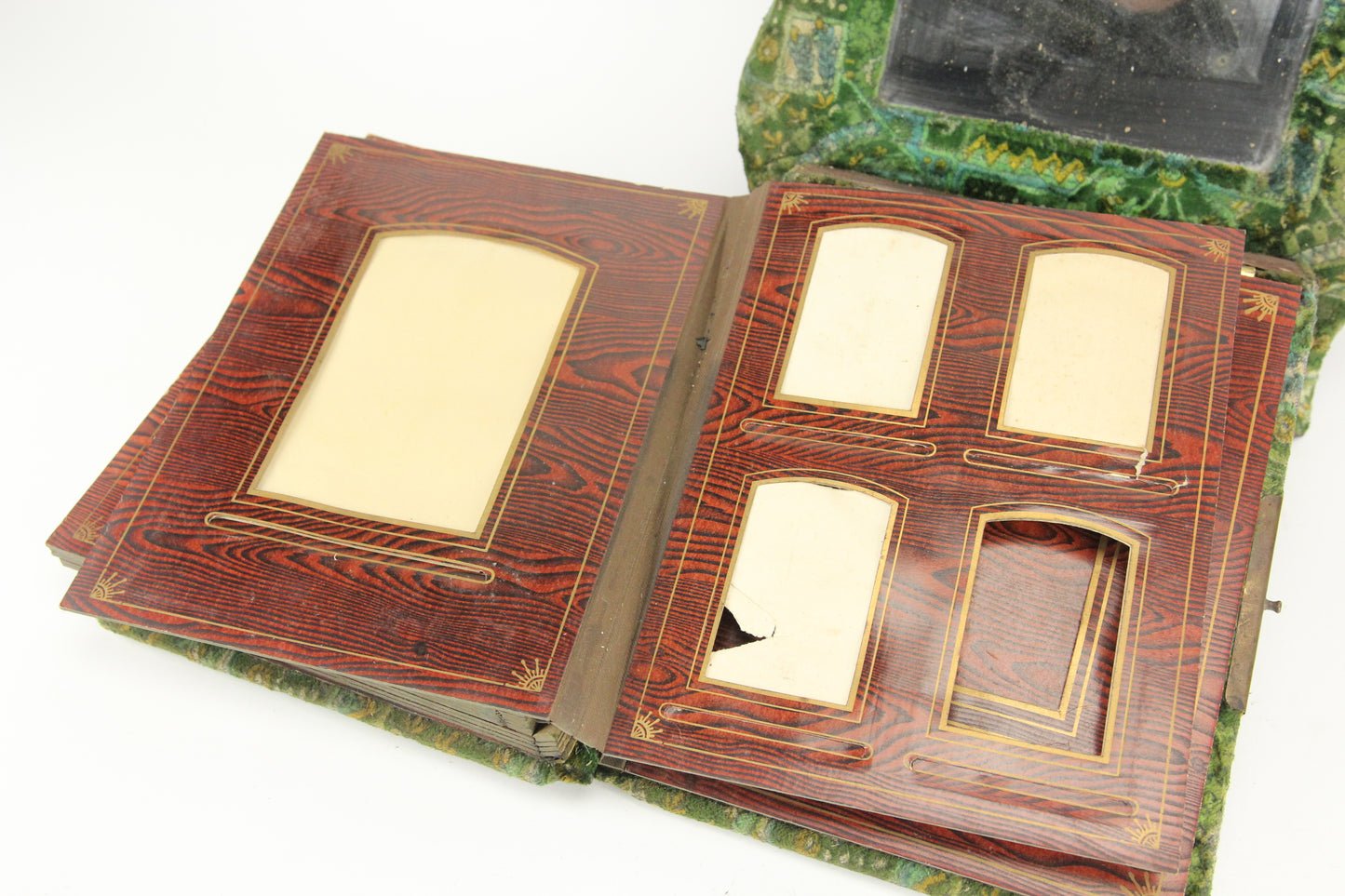 Victorian Liberty Bell Mirrored Green Fabric Covered Cabinet Card Photo Album