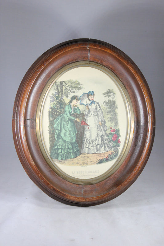 La Mode Illustrée French Fashion Print Lithograph in Wood Oval Frame