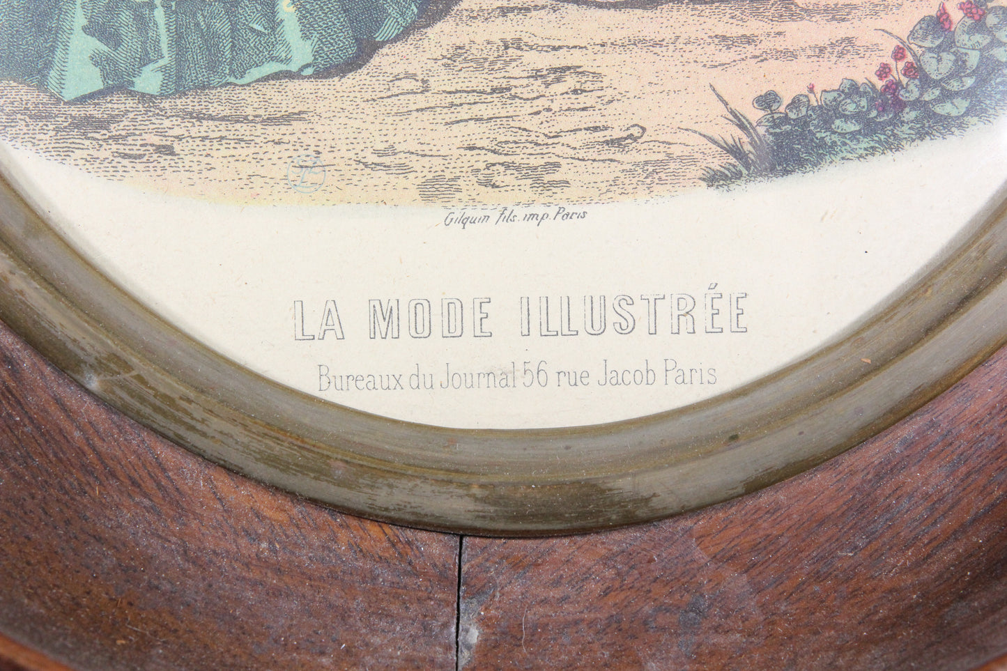 La Mode Illustrée French Fashion Print Lithograph in Wood Oval Frame