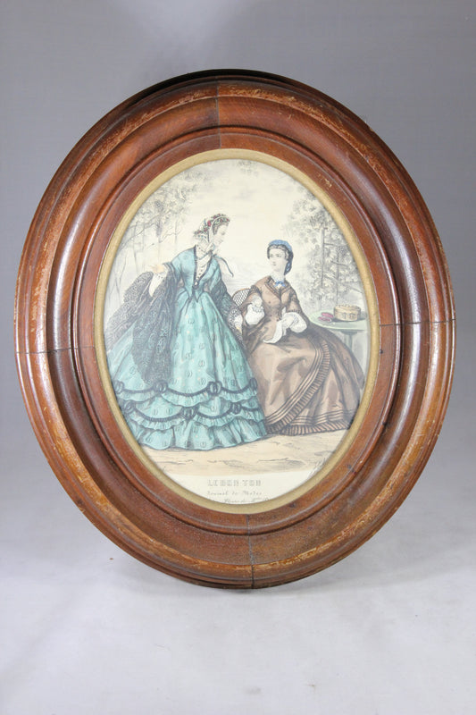 Le Bon Ton French Fashion Print Lithograph in Wood Oval Frame