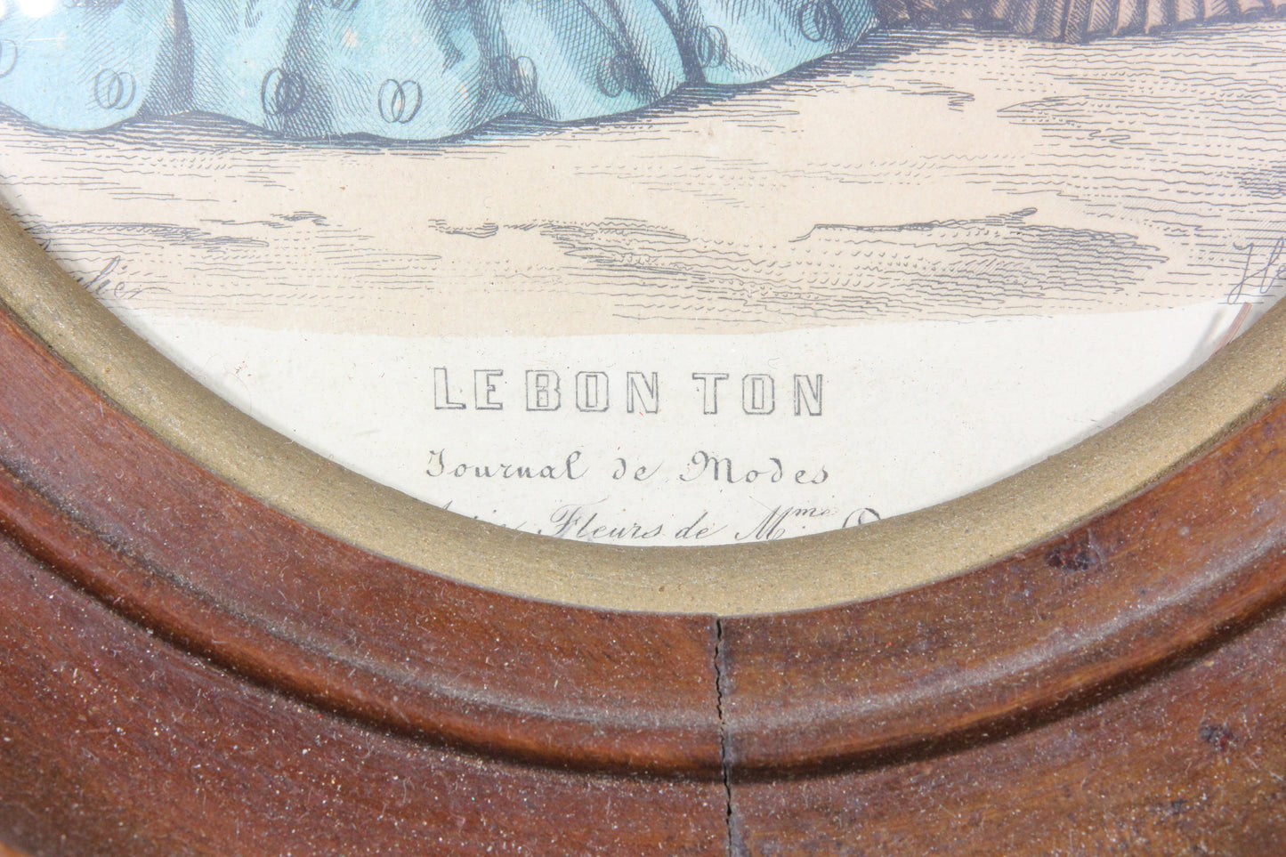 Le Bon Ton French Fashion Print Lithograph in Wood Oval Frame