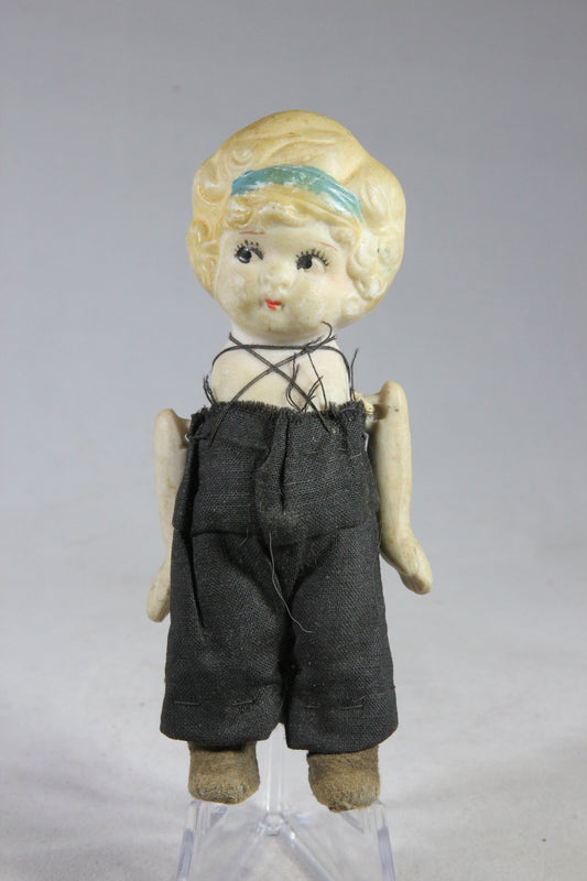 Bisque Flapper Doll in Black Jumper, Made in Japan, 4.25"