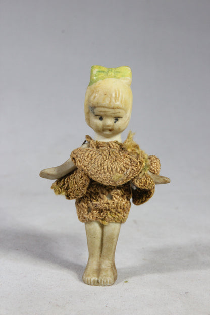 Blonde Bisque Doll with Bow with Clothes, Made in Japan, 3"