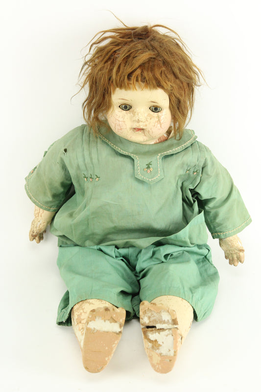 Antique Acme Toy Co. Composition Baby Doll with Green Clothes, 24"