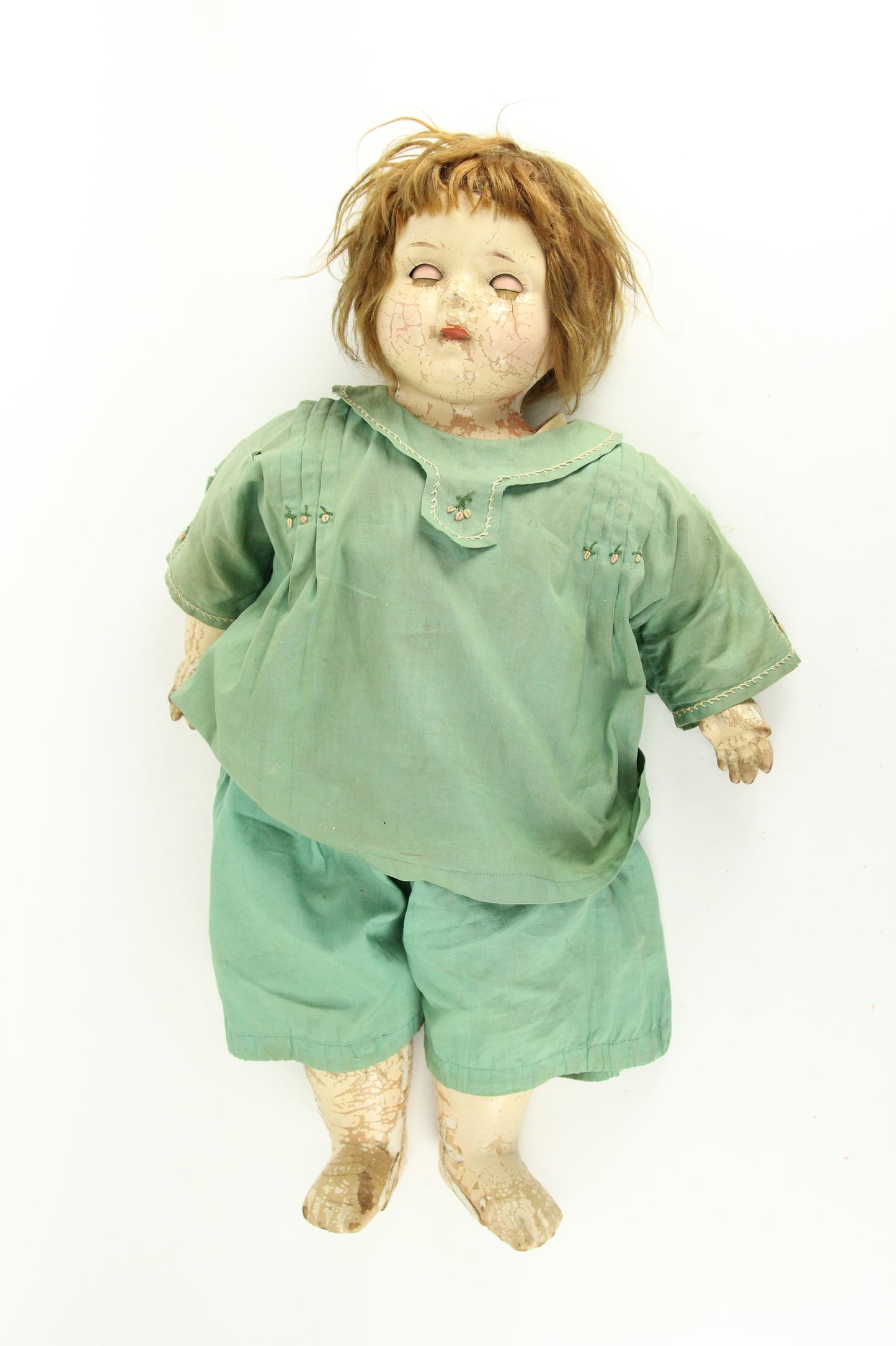 Antique Acme Toy Co. Composition Baby Doll with Green Clothes, 24"