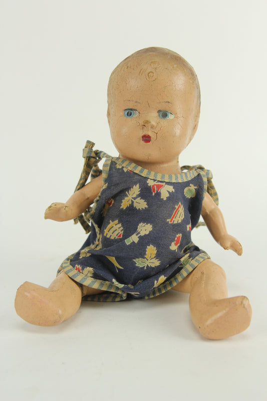 Small Size Composition Baby Doll with Blue Eyes and a Blue Onesie, 9"