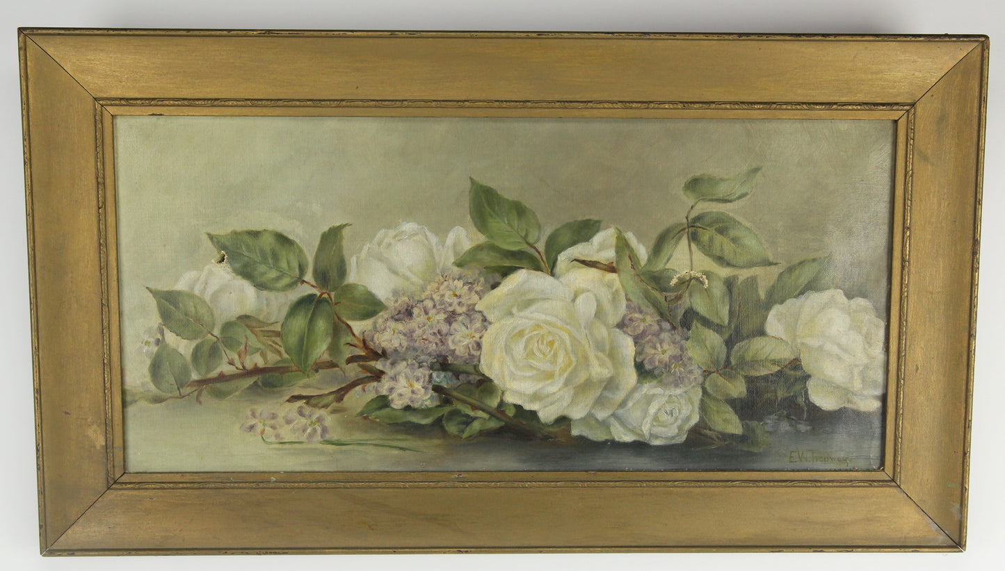 Oil on Canvas Painting of White Roses, Signed E.W. Tredway - 22.5 x 12.5"