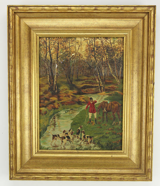 Oil on Canvas Painting of Beagles in the Forest, Signed Marshall - 14.5 x 17.5"