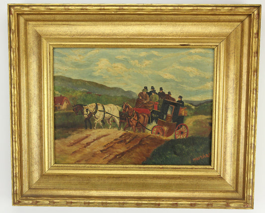 Oil on Canvas Painting of a Horse Drawn Carriage, Signed Marshall - 17.5 x 14.5"