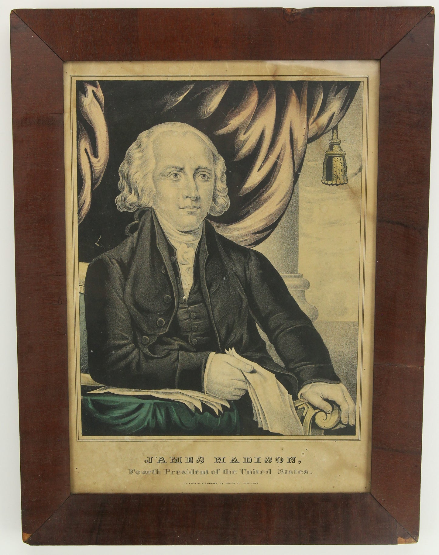 Framed James Madison Hand Colored Currier & Ives Lithograph - 12.5 x 16.5"