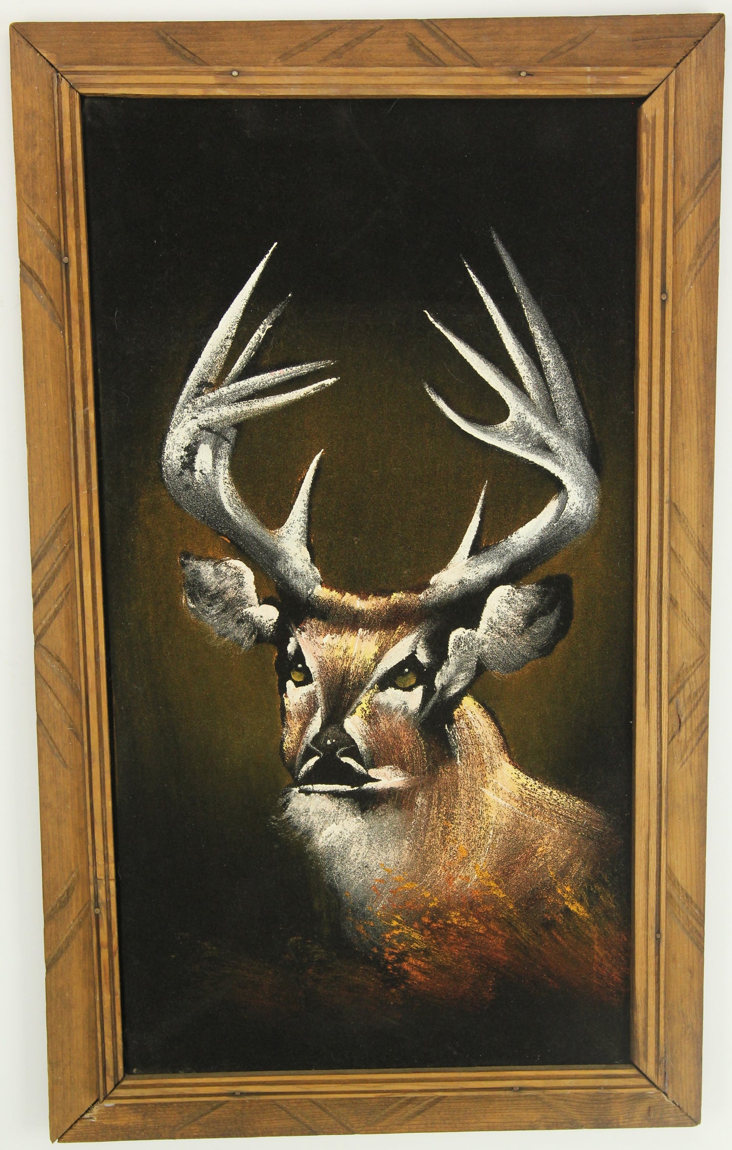Framed Velvet Painting of a Stag Buck Deer, Made in Mexico - 14 x 22.5"