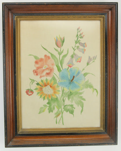 Vintage Framed Fabric Painting of Colorful Flowers, Signed E. MacNutt - 17 x 21"