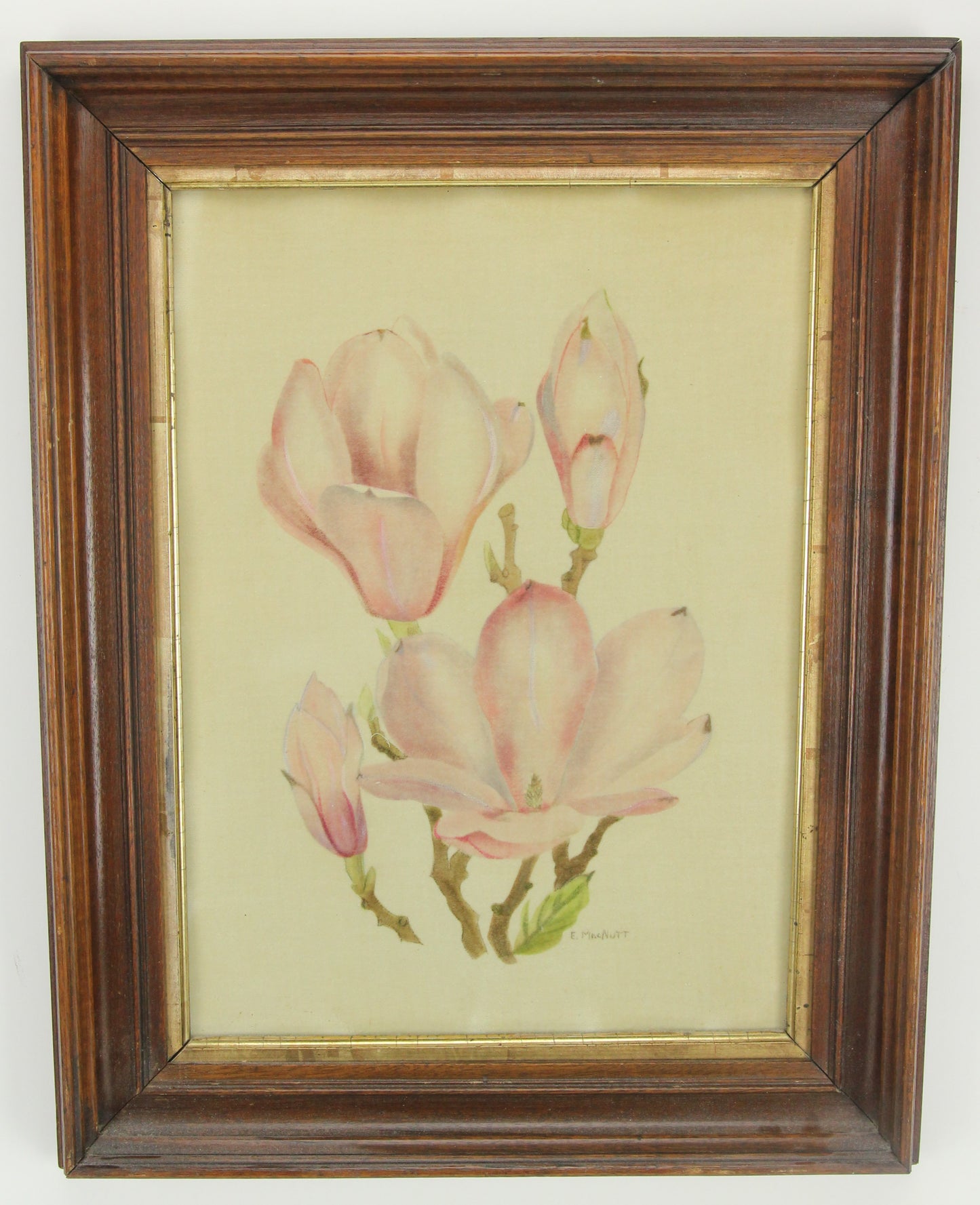 Vintage Framed Fabric Painting of Pink Flowers, Signed E. MacNutt - 15 x 19"