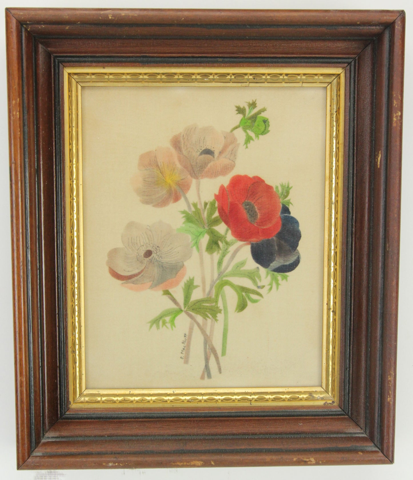 Vintage Framed Fabric Painting of Colorful Flowers, Signed E. MacNutt - 11.5 x 14"