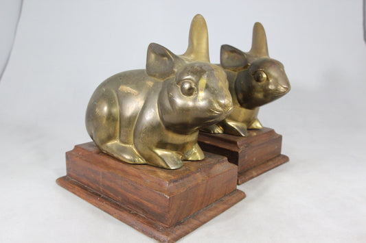 Brass Bunnies on Wooden Bases Bookends, Made in India