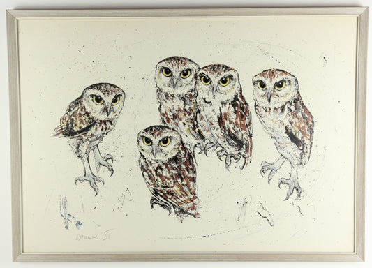 Mid-Century Framed Print of Five Owls, Signed by the Artist - 31 x 22"