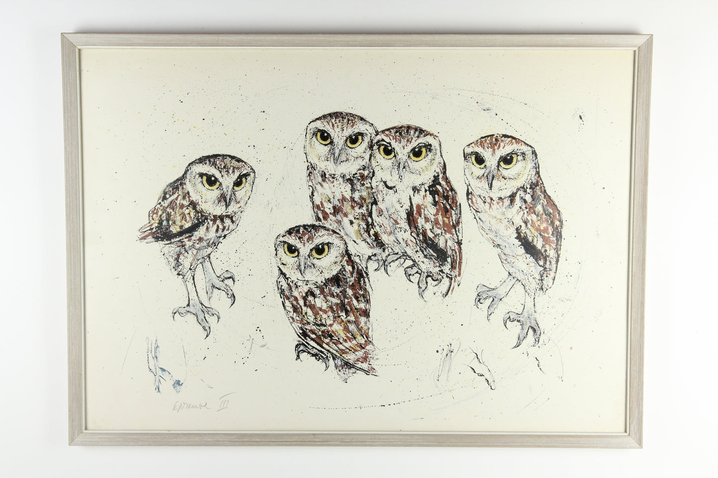 Mid-Century Framed Print of Five Owls, Signed by the Artist - 31 x 22"