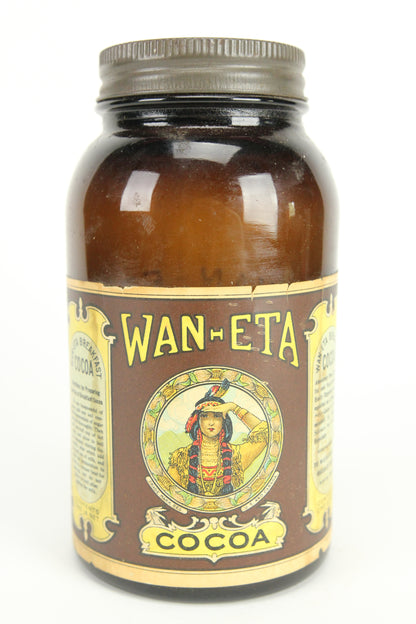 Wan-Eta Brown Glass Breakfast Cocoa Jar with Full Paper Label and Lid, Boston