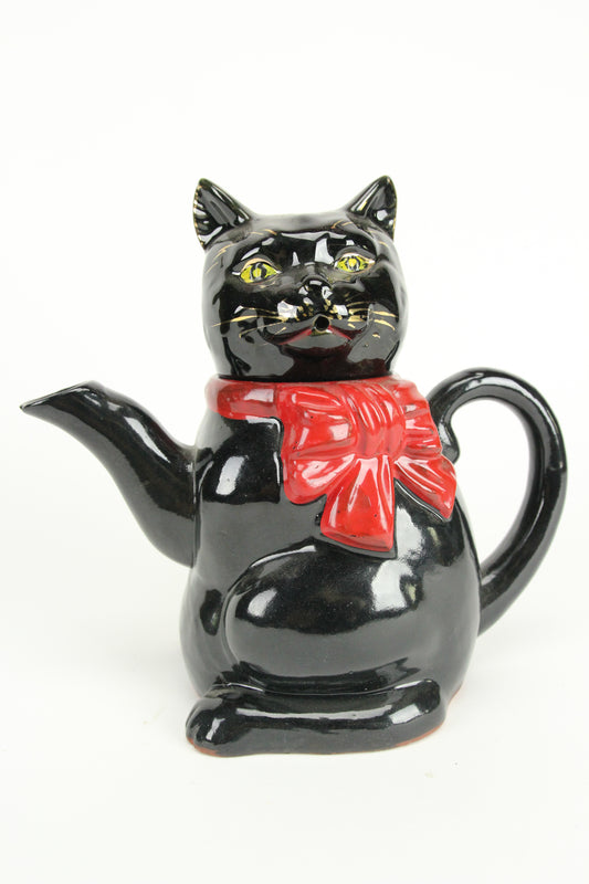 Black Cat with Red Bow Redware Ceramic Pottery Tea Pot, Japan