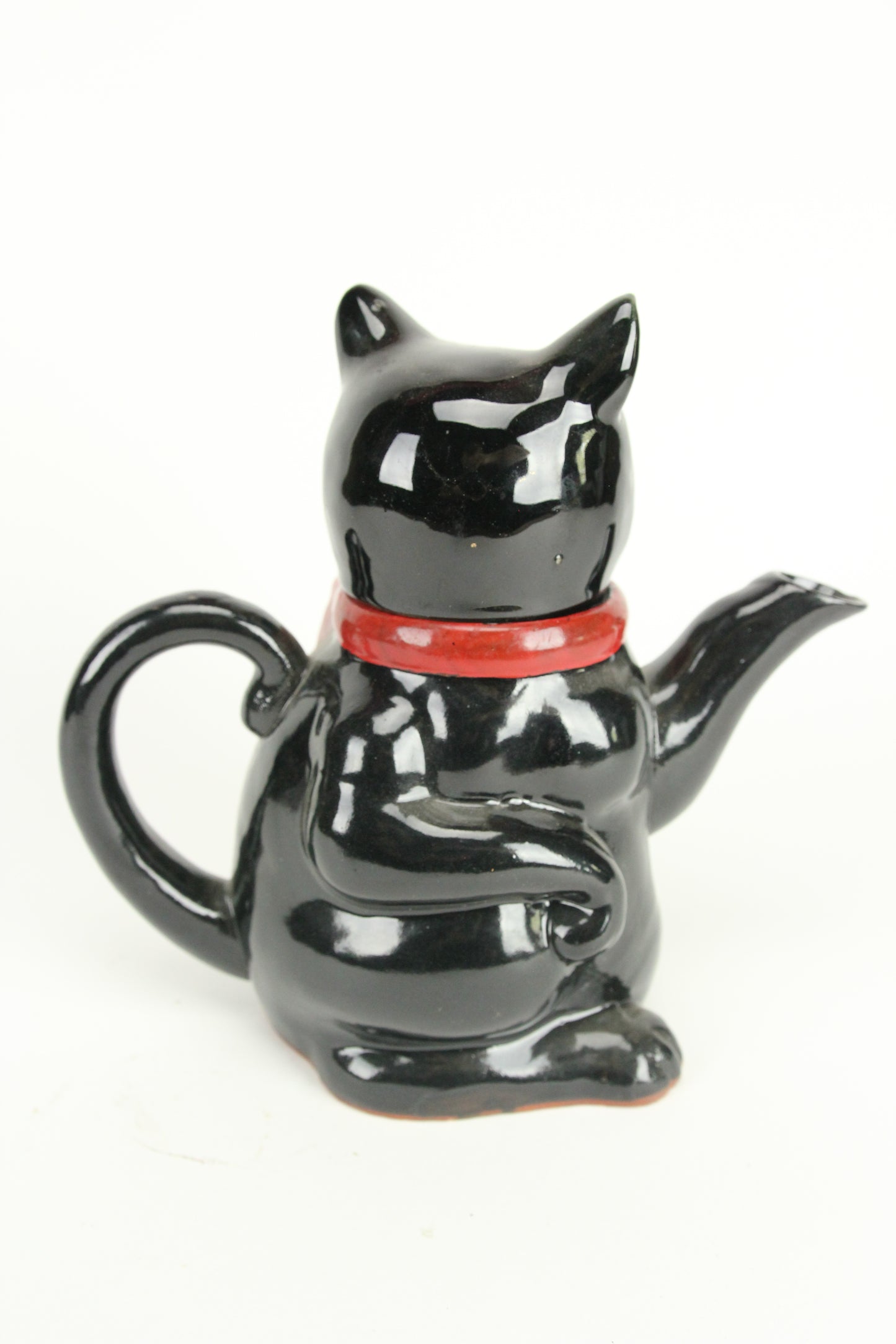 Black Cat with Red Bow Redware Ceramic Pottery Tea Pot, Japan