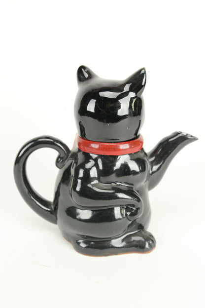 Black Cat with Red Bow Redware Ceramic Pottery Tea Pot, Japan