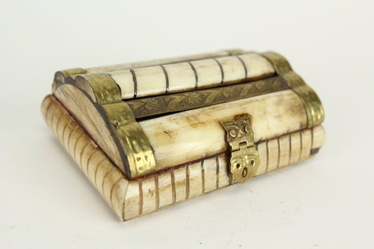 Carved Bone and Brass Trinket Box with Owl Latch and Hinges