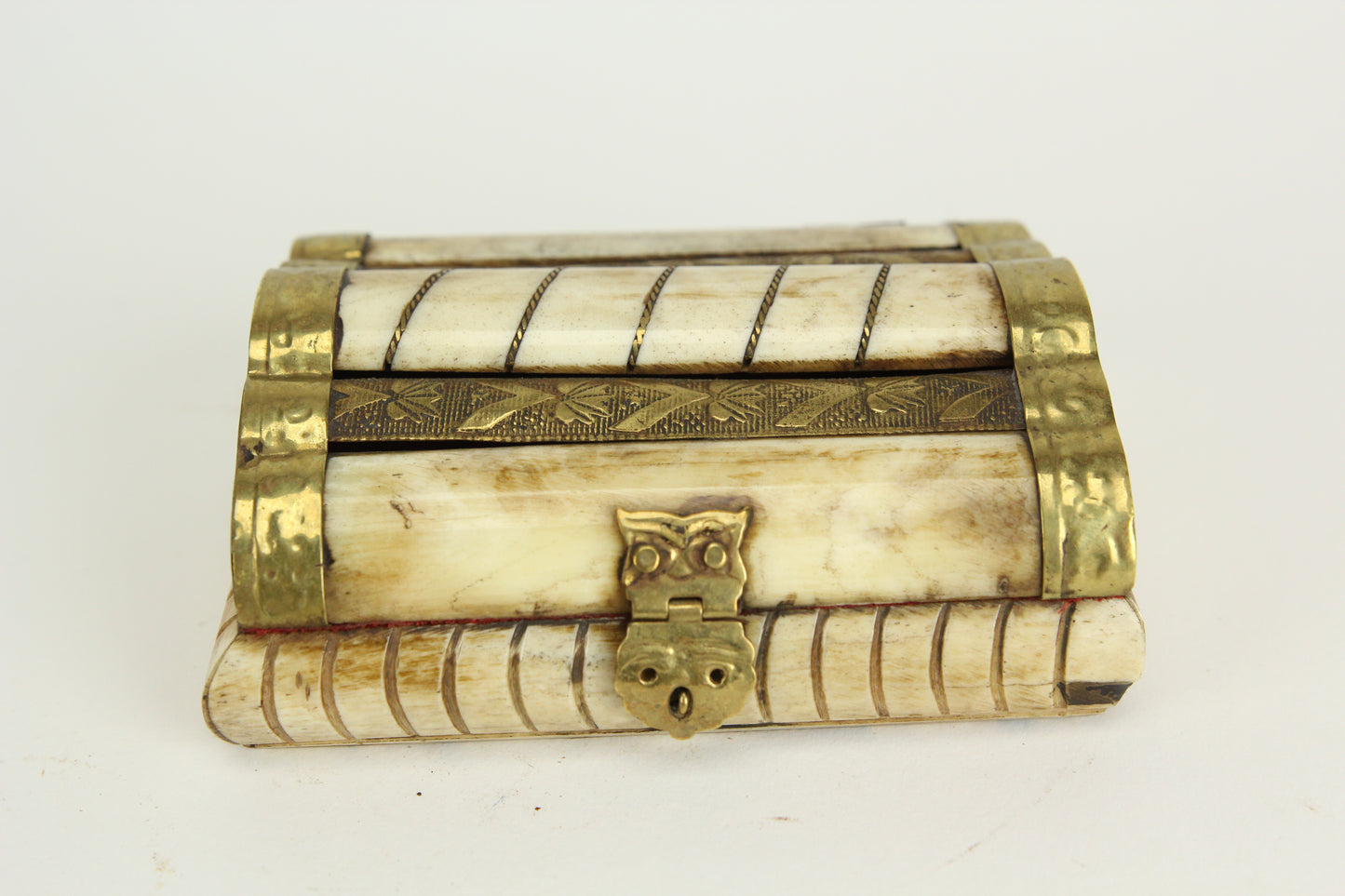 Carved Bone and Brass Trinket Box with Owl Latch and Hinges