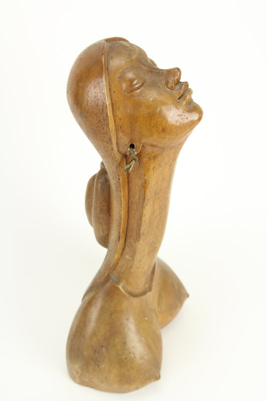 Carved Wood Phallic Nude Female Bust Sculpture, 16.5"