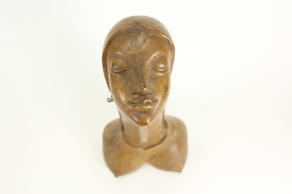 Carved Wood Phallic Nude Female Bust Sculpture, 16.5"