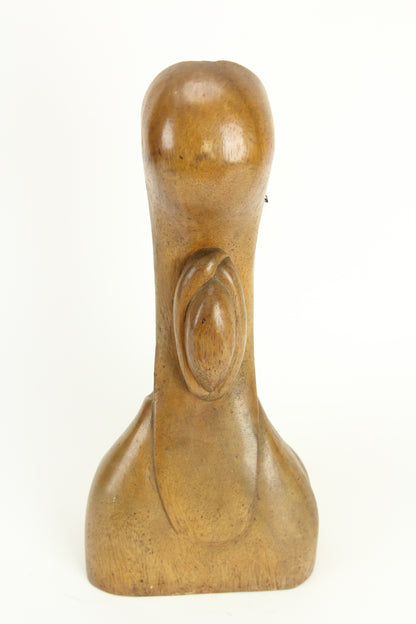 Carved Wood Phallic Nude Female Bust Sculpture, 16.5"