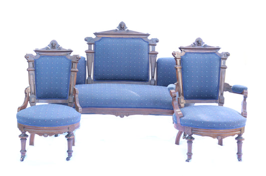 Antique Victorian Eastlake Parlor Set with Sofa and Two Chairs with Carved Lady Heads